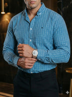 Camisa Hombre Casual Minicuadro Rojo Azul Turquesa y Blanco