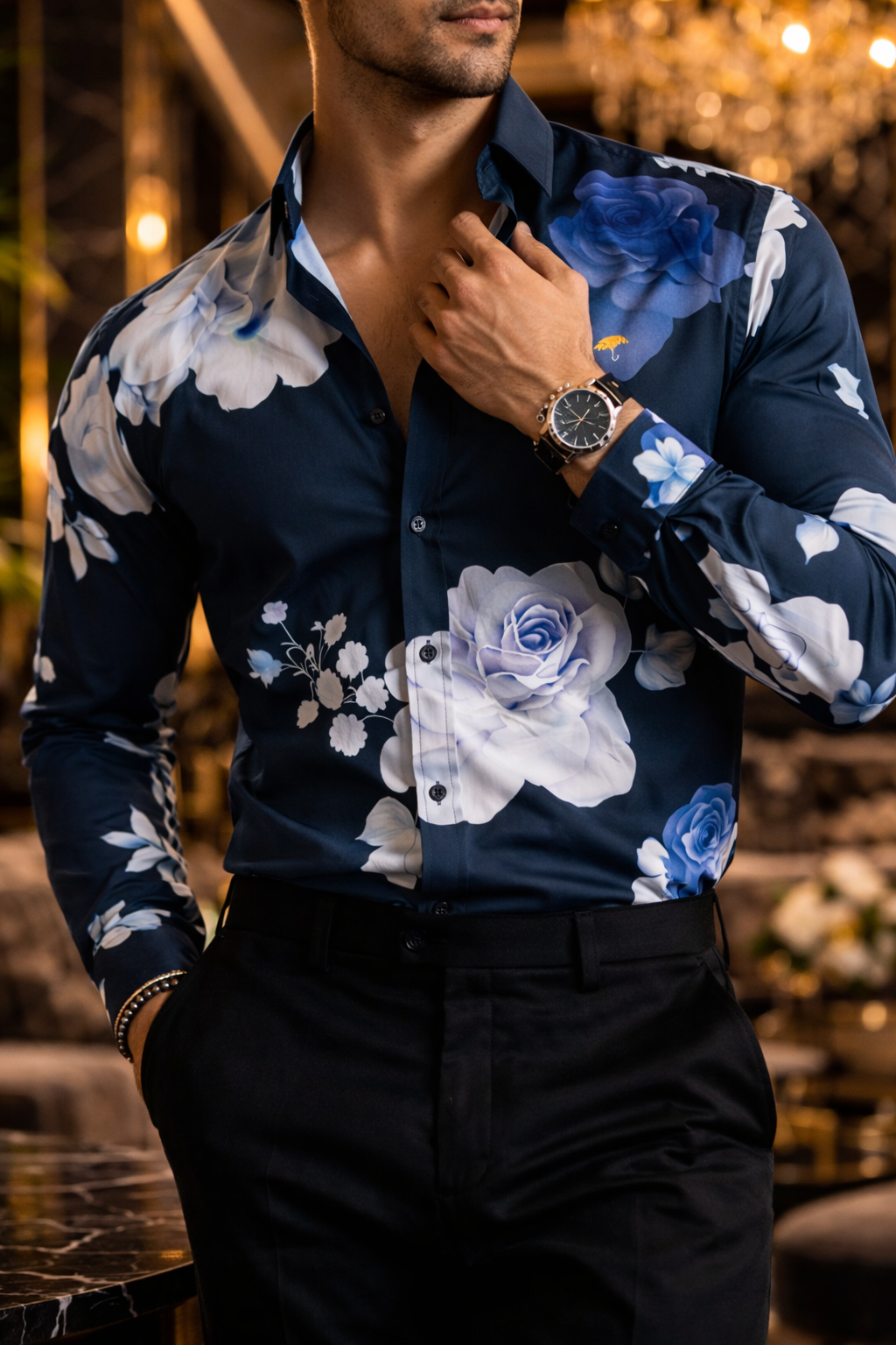 Camisa Hombre Casual Negra Rosas Moradas y Blancas