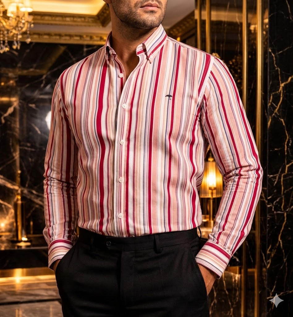 Camisa Hombre Casual Líneas Blanca Rosa Azul y Negro