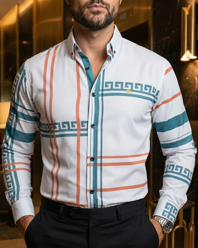 Camisa Hombre Casual Líneas Naranja Grecas Gris