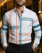 Camisa Hombre Casual Líneas Naranja Grecas Gris