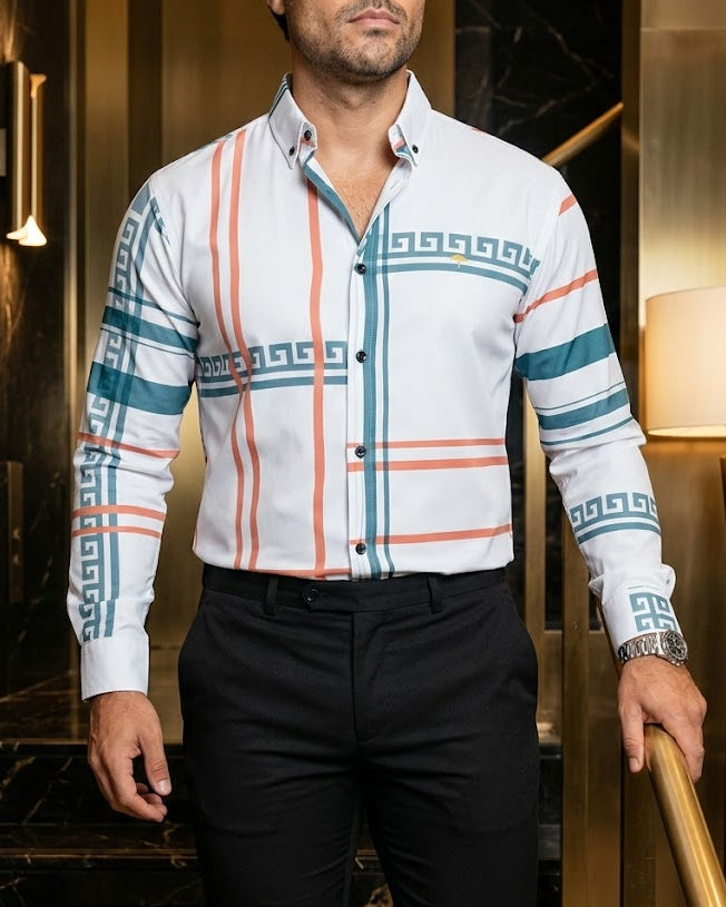 Camisa Hombre Casual Líneas Naranja Grecas Gris