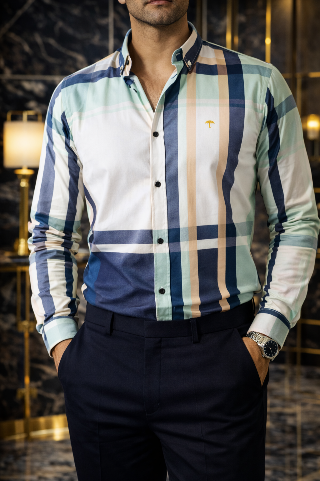 Camisa Hombre Casual Cuadro Azul Beige Verde