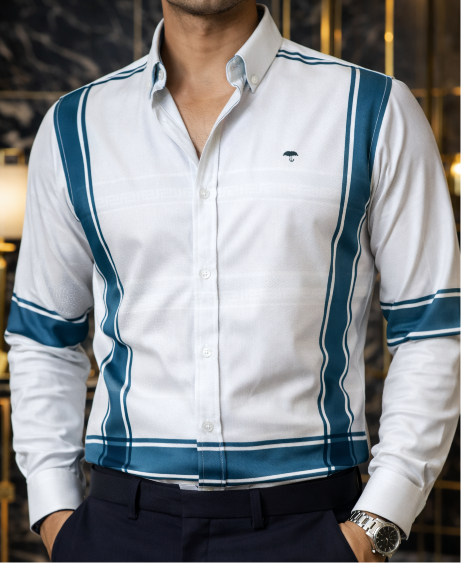 Camisa Hombre Casual Verde Grecas Blanca