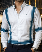 Camisa Hombre Casual Verde Grecas Blanca