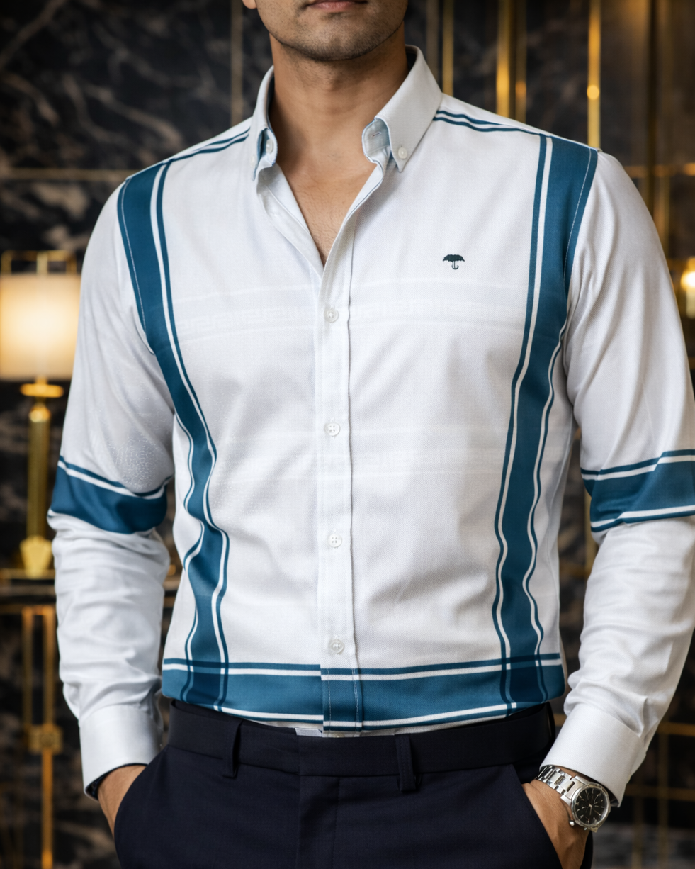 Camisa Hombre Casual Verde Grecas Blanca