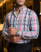 Camisa Hombre Casual Cuadros Blancos Rosas Azules