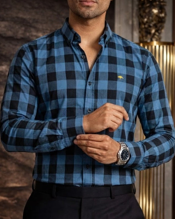 Camisa Hombre Casual Cuadros Azul Marino, Negros