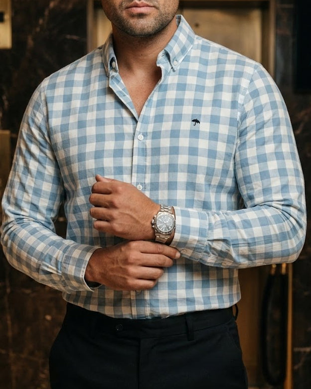 Camisa Hombre Casual Cuadros Gris Azulados Blancos