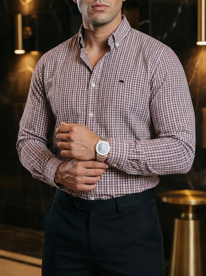 Camisa Hombre Casual Mini Cuadros Blancos Rojos Negros