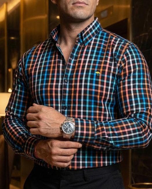 Camisa Hombre Casual Negra Cuadros Colores