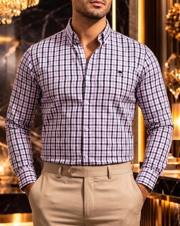 Camisa Hombre Casual Cuadros Lila Blanco Negro