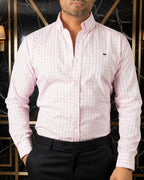 Camisa Hombre Casual Mini Cuadros Rosa Blanco