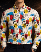 Camisa Hombre Casual Beige Pintura Mascara Abstracta Roja Azul Amarilla