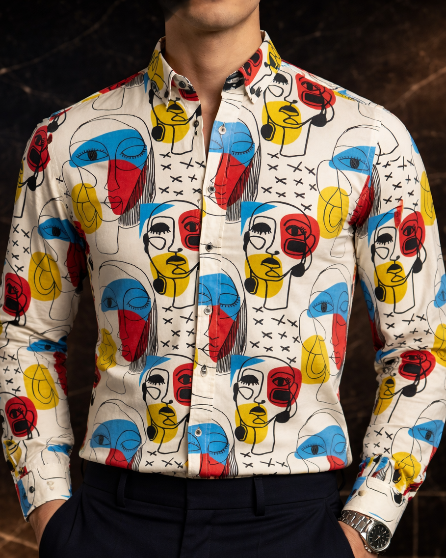 Camisa Hombre Casual Beige Pintura Mascara Abstracta Roja Azul Amarilla