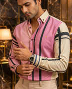 Camisa Hombre Casual Rosa Amarillo Franjas Negras