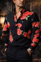 Camisa Hombre Casual Negra Gallo Flores Rosas Rojas