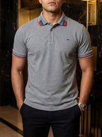 Playera Polo Hombre Casual Gris detalles Azul Marino, Rojo