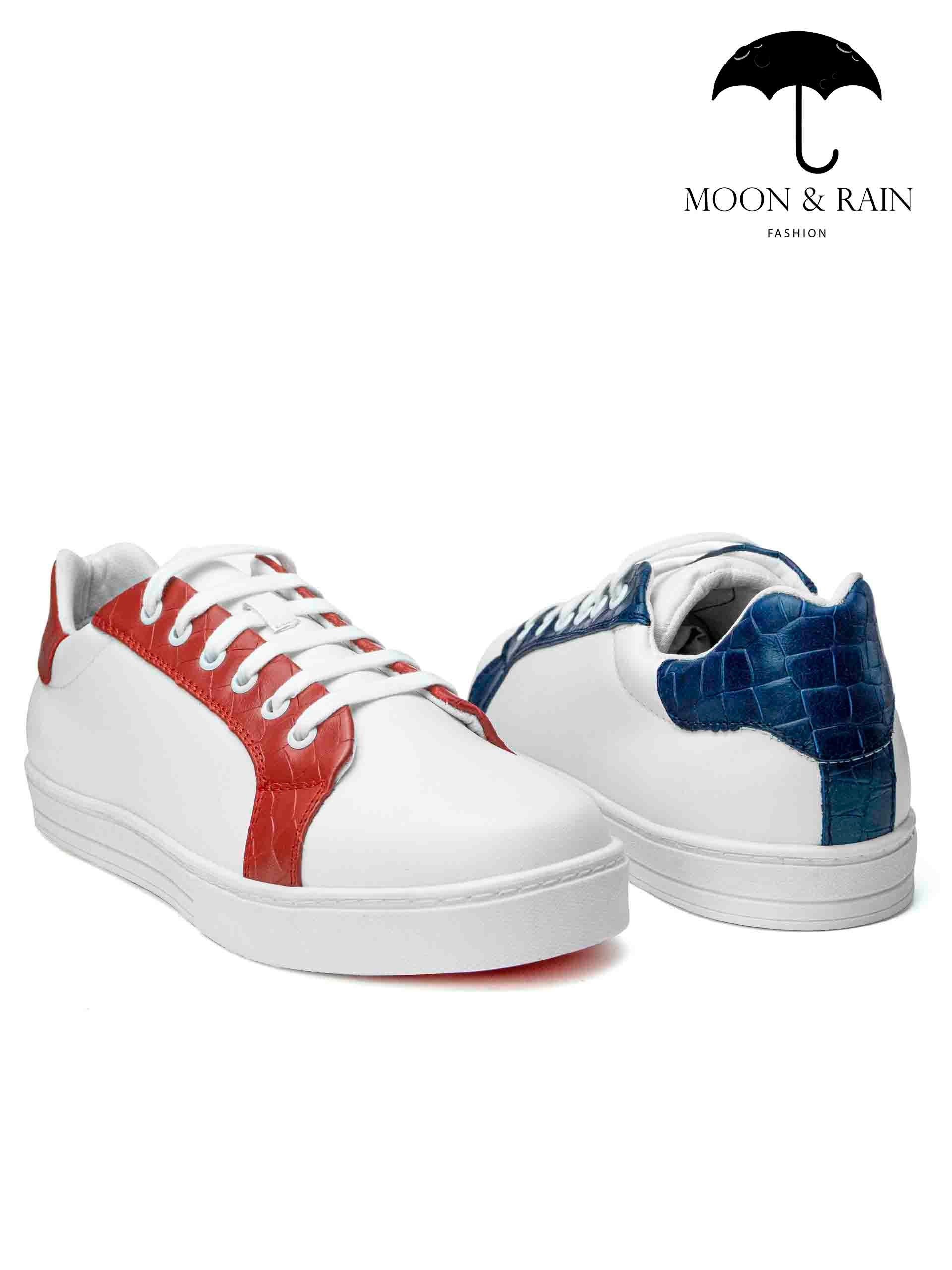 Tenis Sneakers Hombre Blanco Liso Texturizado Rojo Y Azul PIEL - Tiendas Platino Tenis Hombre 25 MX