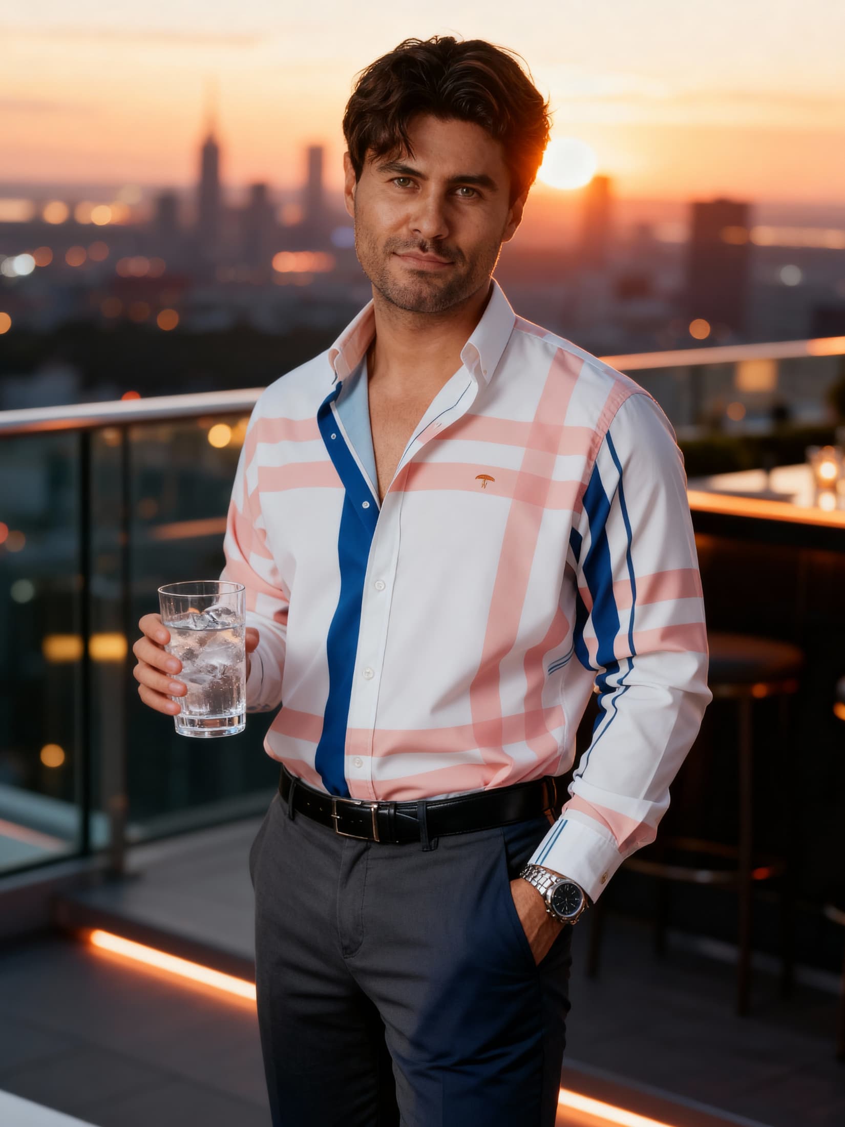 Camisa Hombre Casual Blanco Franjas Azul y Melón