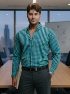 Camisa Hombre Casual Cuadros Verde Turquesa y Azul Marino