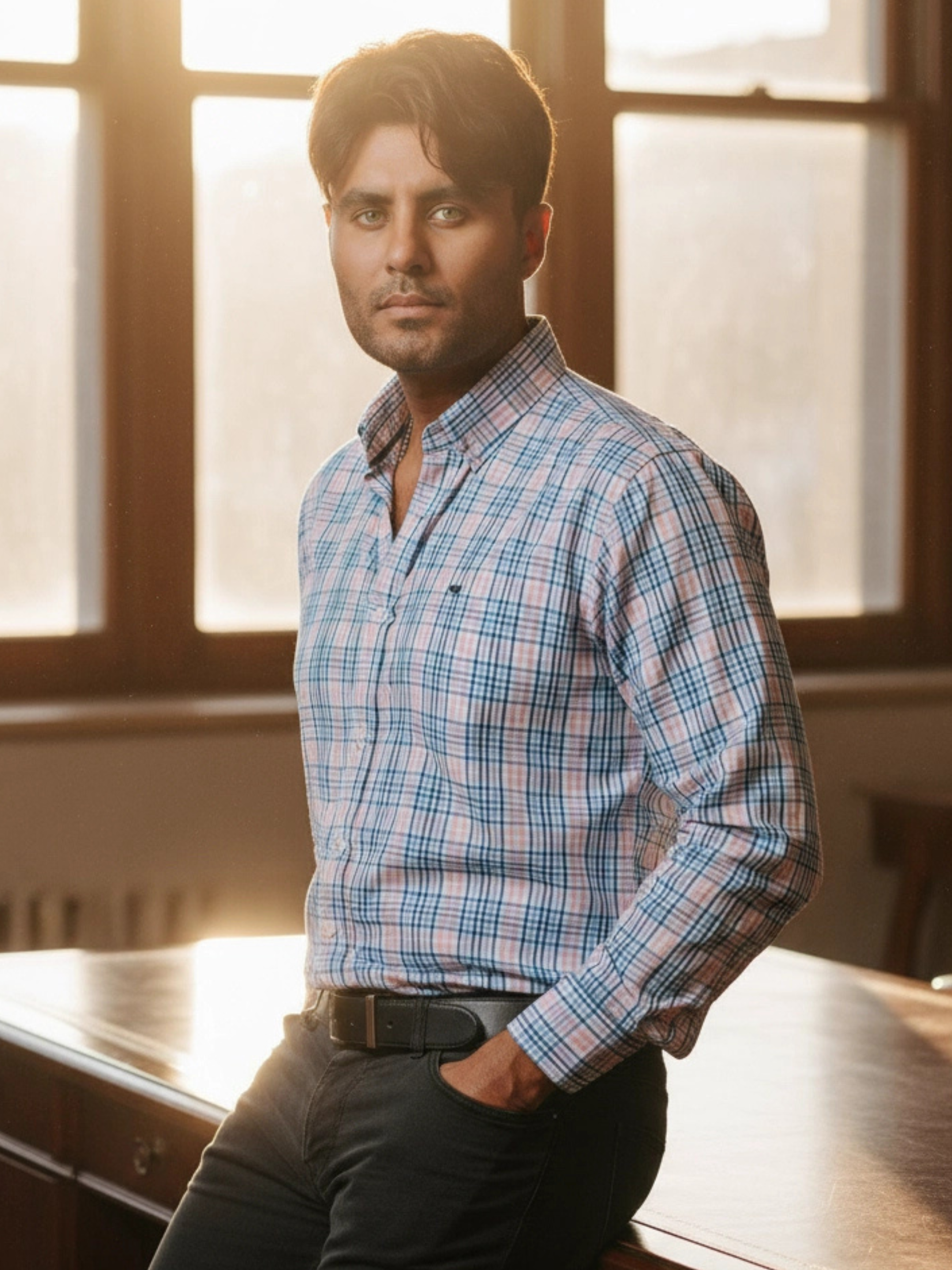 Camisa Hombre Casual Cuadros Azul Gris y Rosa