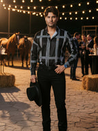 Camisa Hombre Casual Negra Pistache Grecas Blancas