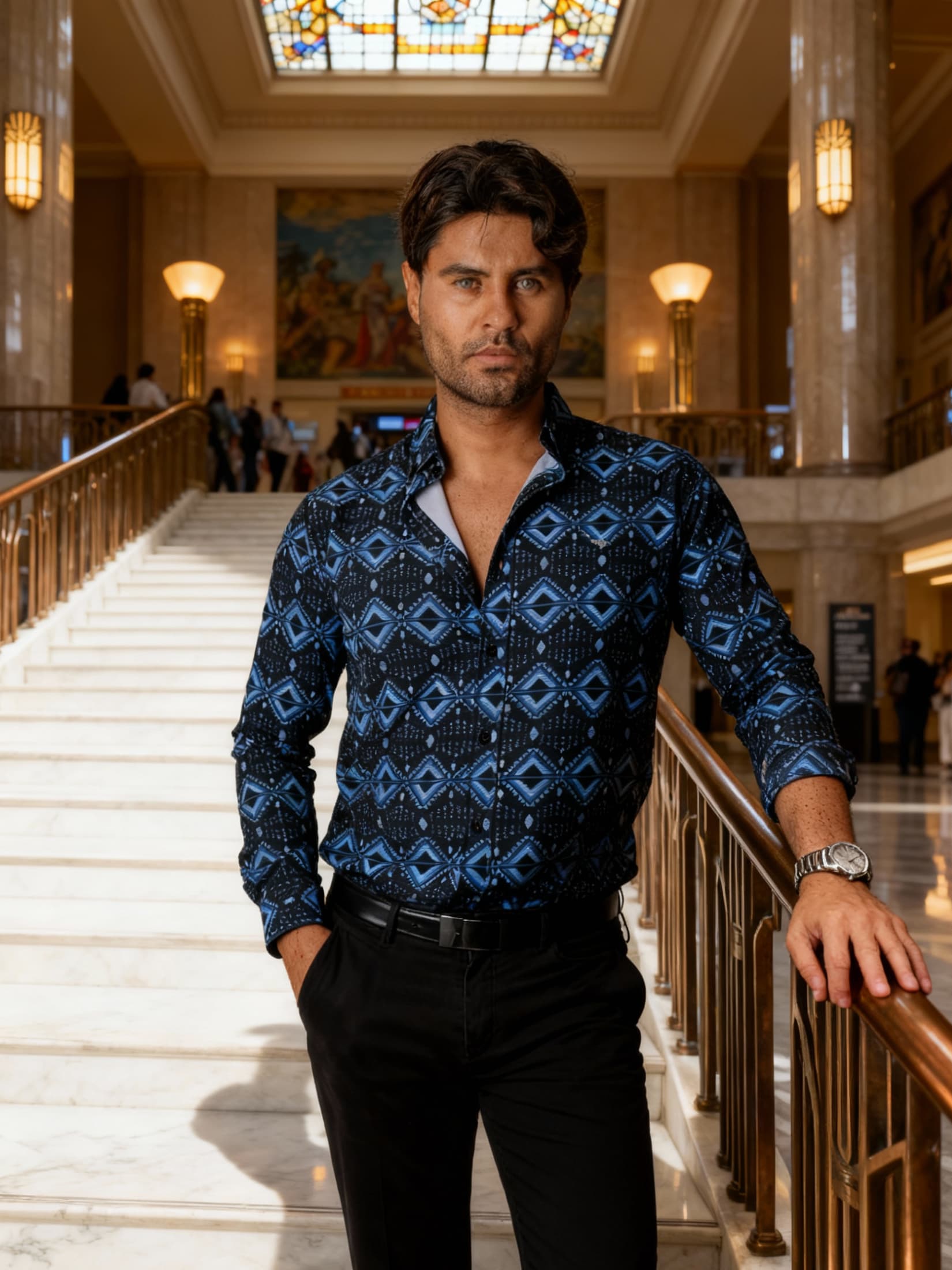 Camisa Hombre Azul Marino Detalles Azul Blanco