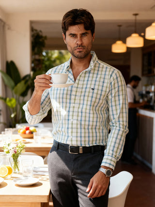 Camisa Hombre Casual Líneas Azul Cielo y Verde