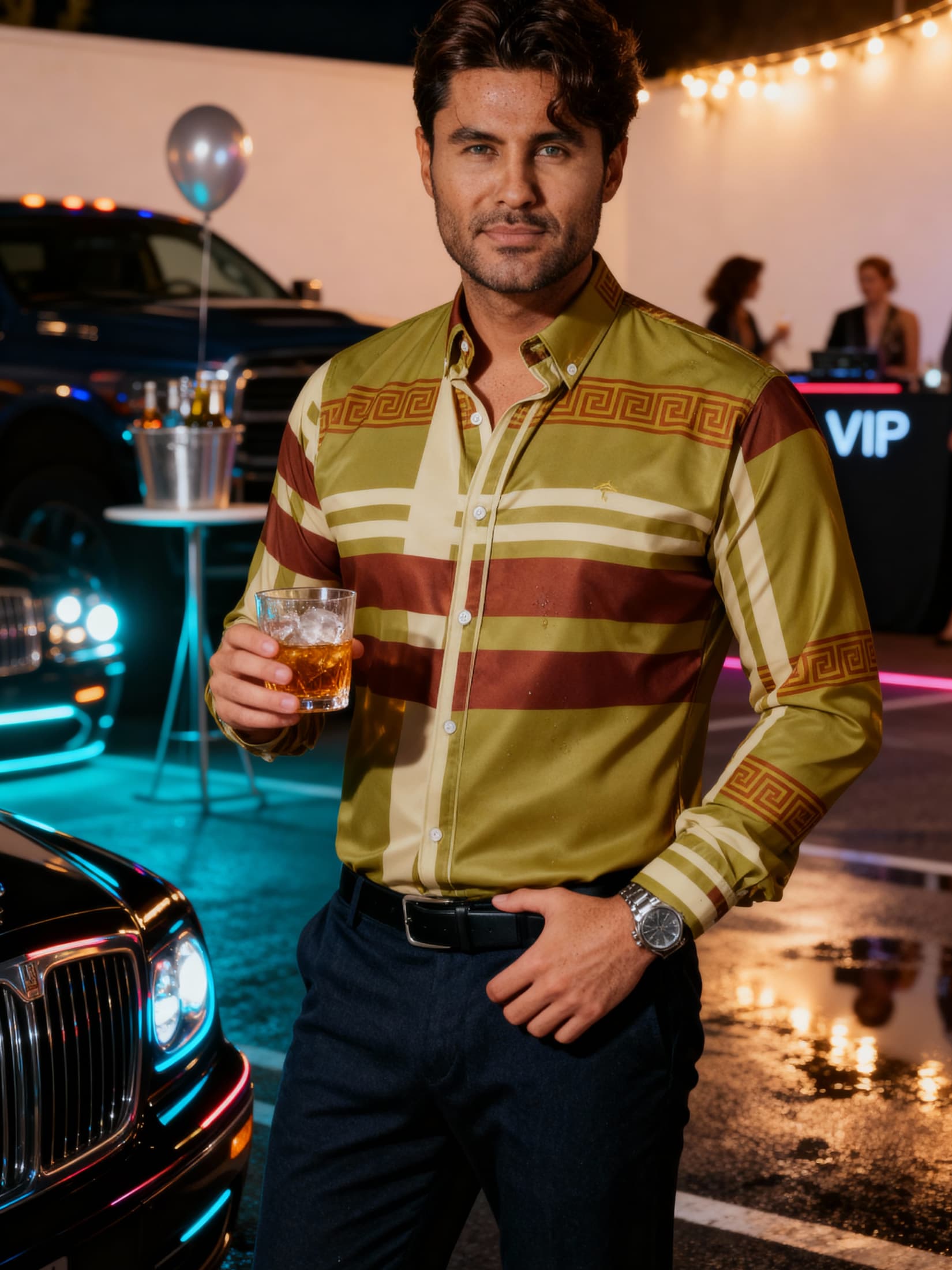 Camisa Hombre Casual Verde Olivo Detalle Griego Chocolate