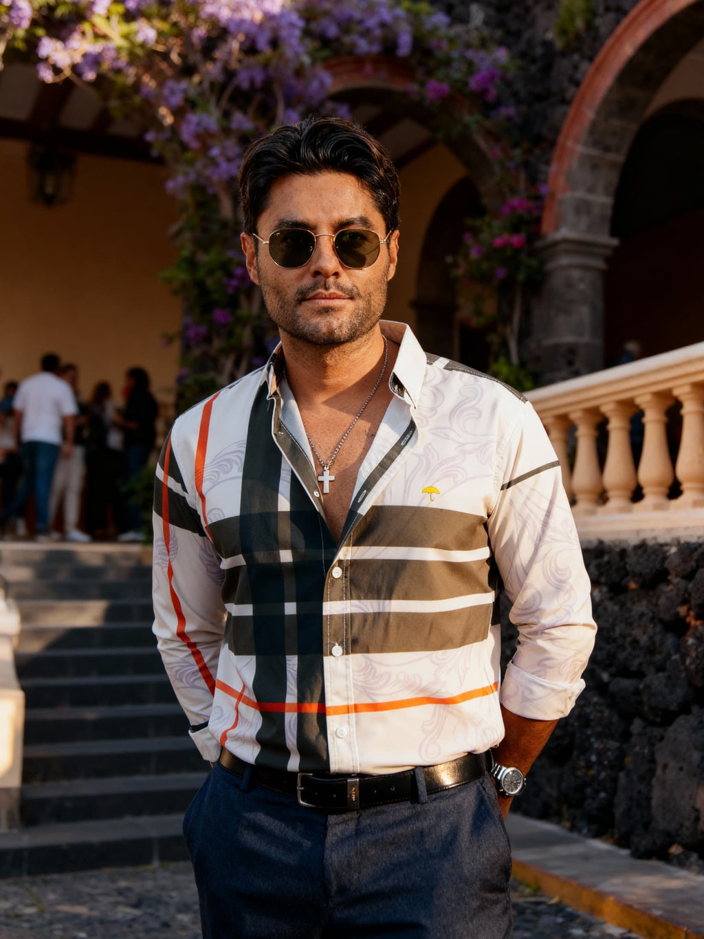 Camisa Casual Hombre Crema Líneas Chocolate Naranja Flores