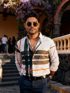 Camisa Casual Hombre Crema Líneas Chocolate Naranja Flores