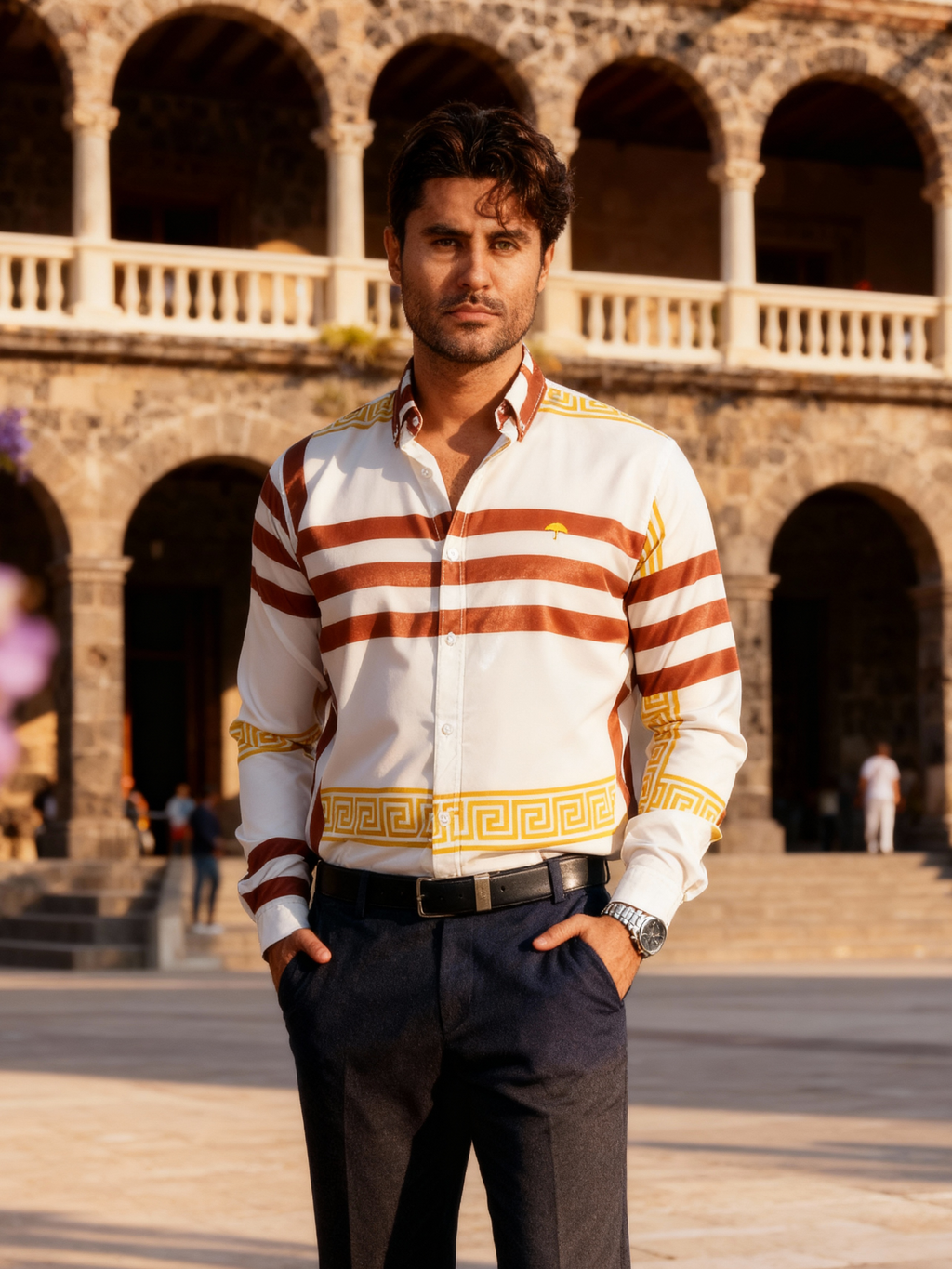 Camisa Hombre Casual Marfil Detalle Griego Dorado