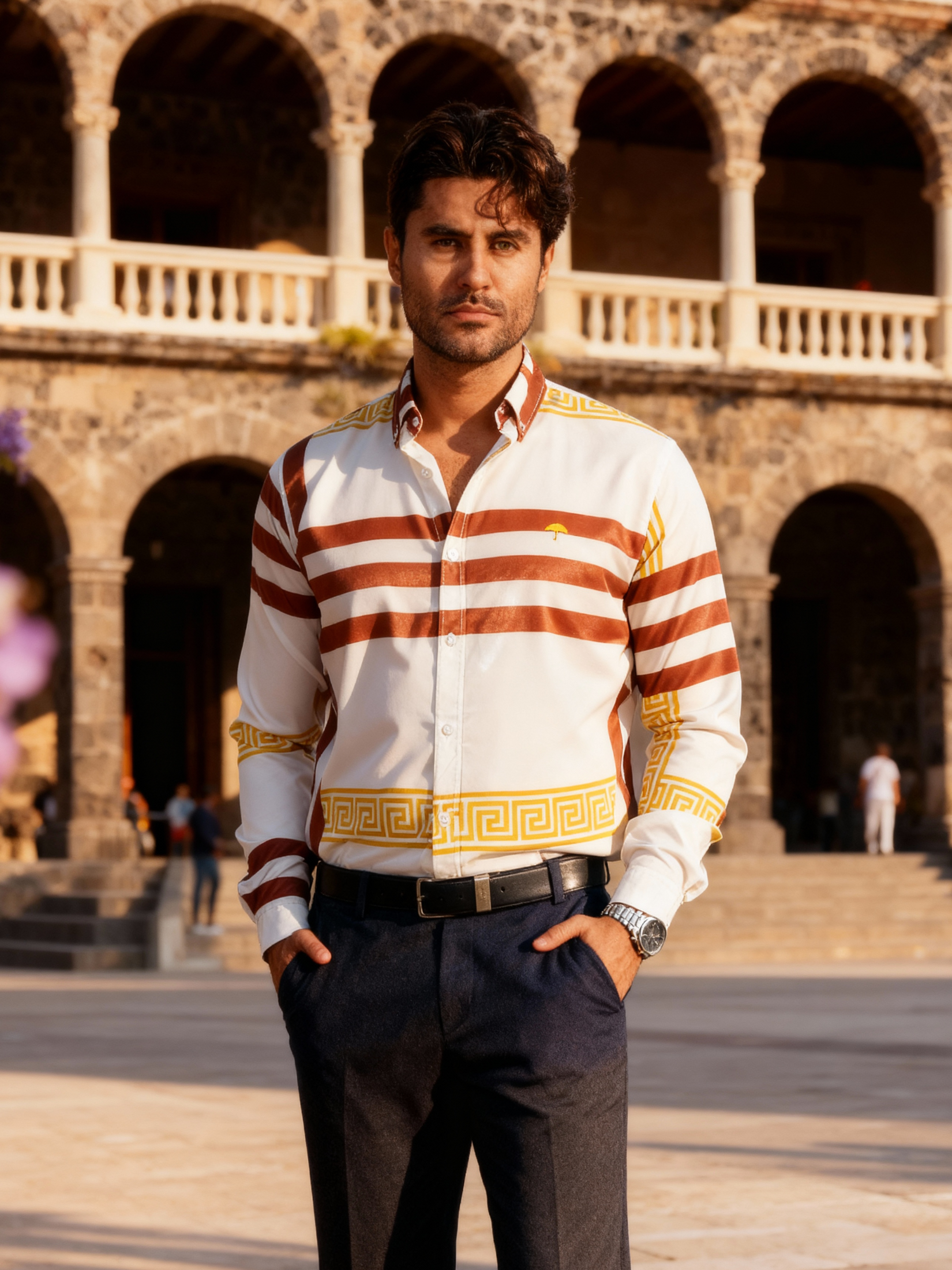 Camisa Hombre Casual Marfil Detalle Griego Dorado