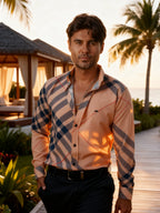 Camisa Hombre Casual Melón Cuadros Azul Marino Línea Roja