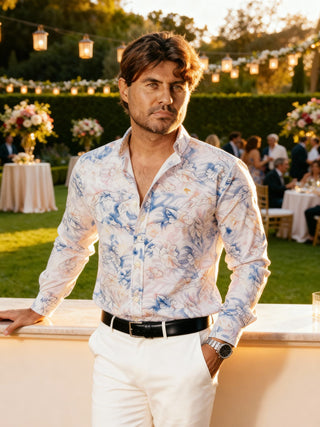 Men's Casual Slim Fit White Shirt with Iridescent Leaves