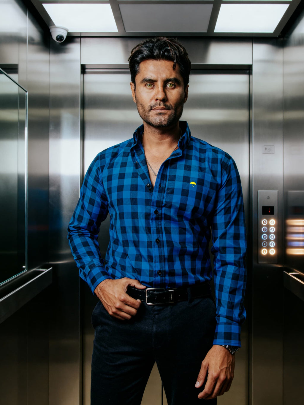 Camisa Casual Hombre Azul Marino Cuadros Negro