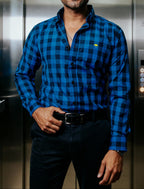 Camisa Casual Hombre Azul Marino Cuadros Negro