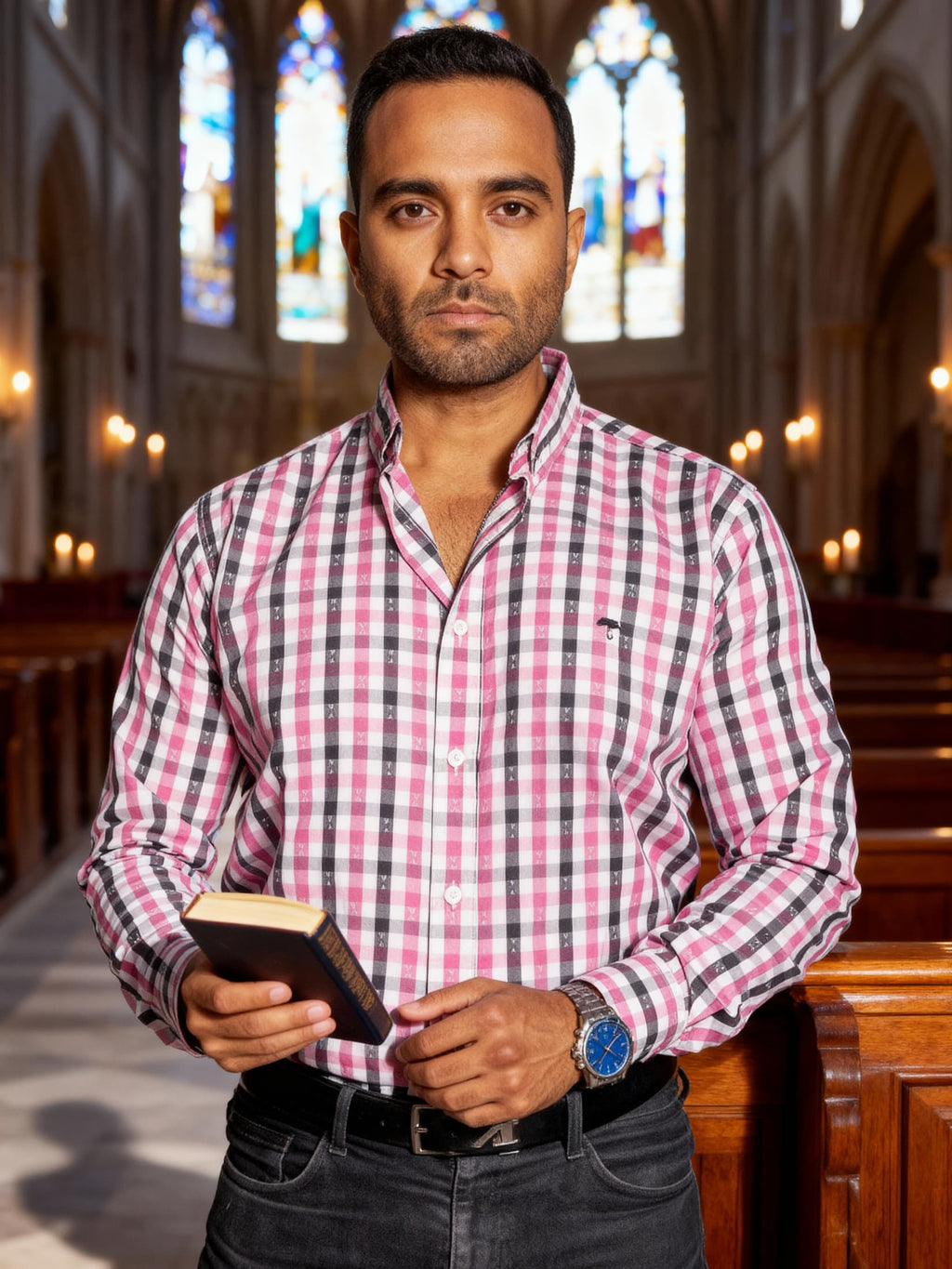 Camisa Hombre Casual Cuadros Rosas Blancos y Negros