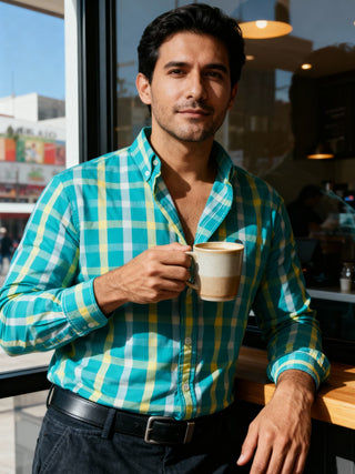 Camisa Hombre Casual Cuadros Verde Blanco y Azul