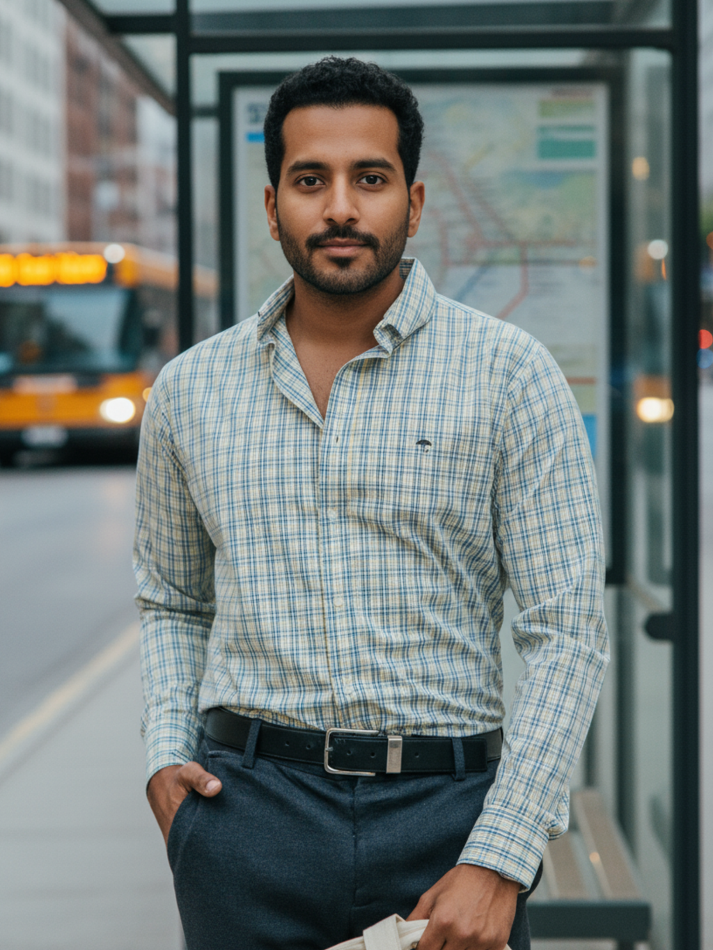 Camisa Hombre Casual Minicuadros Azul Cielo Negro y Amarillo