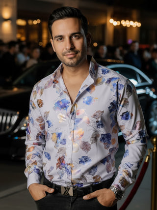 Camisa Hombre Casual Slim Fit Blanca Hojas Tornasol Azul