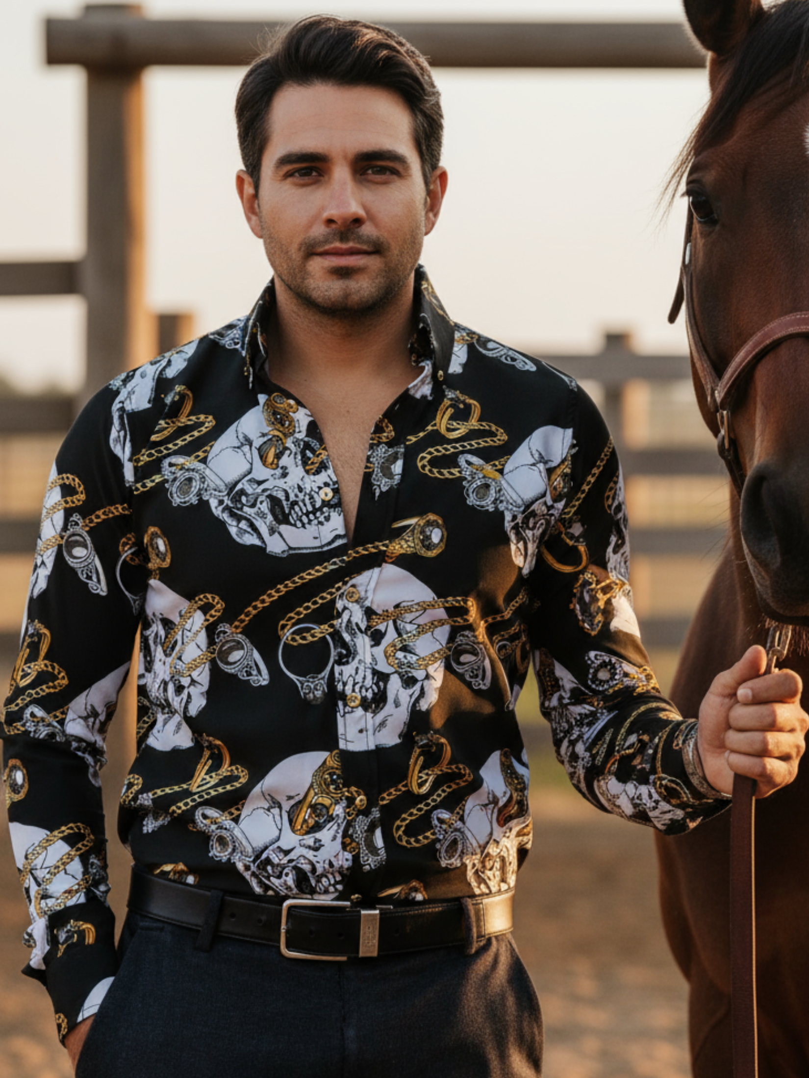 Camisa Hombre Casual Negra Calaveras Blancas Cadenas