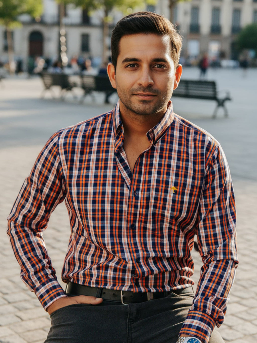 Camisa Hombre Casual Cuadros Naranja Blanco y Azul