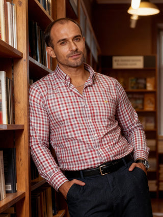 Camisa Casual Hombre, Cuadro Rojo Y Gris