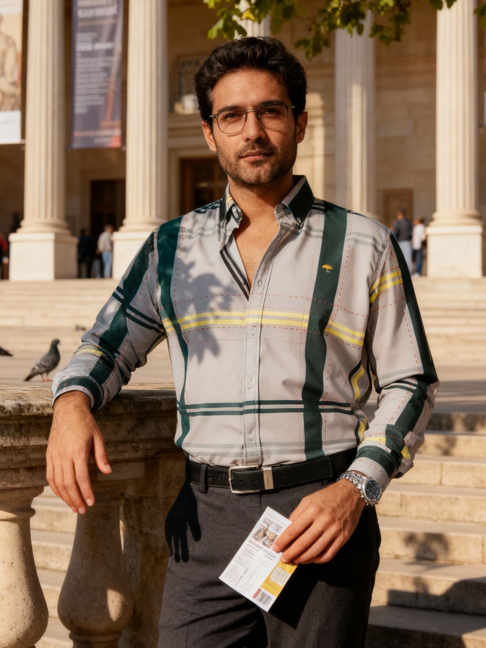 Camisa Hombre Casual Gris Detalles Líneas Amarillo y Rojo