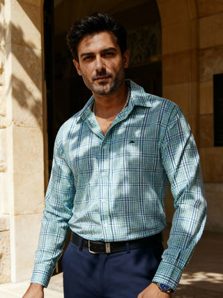 Camisa Hombre Casual Blanca Cuadros Verde y Azul
