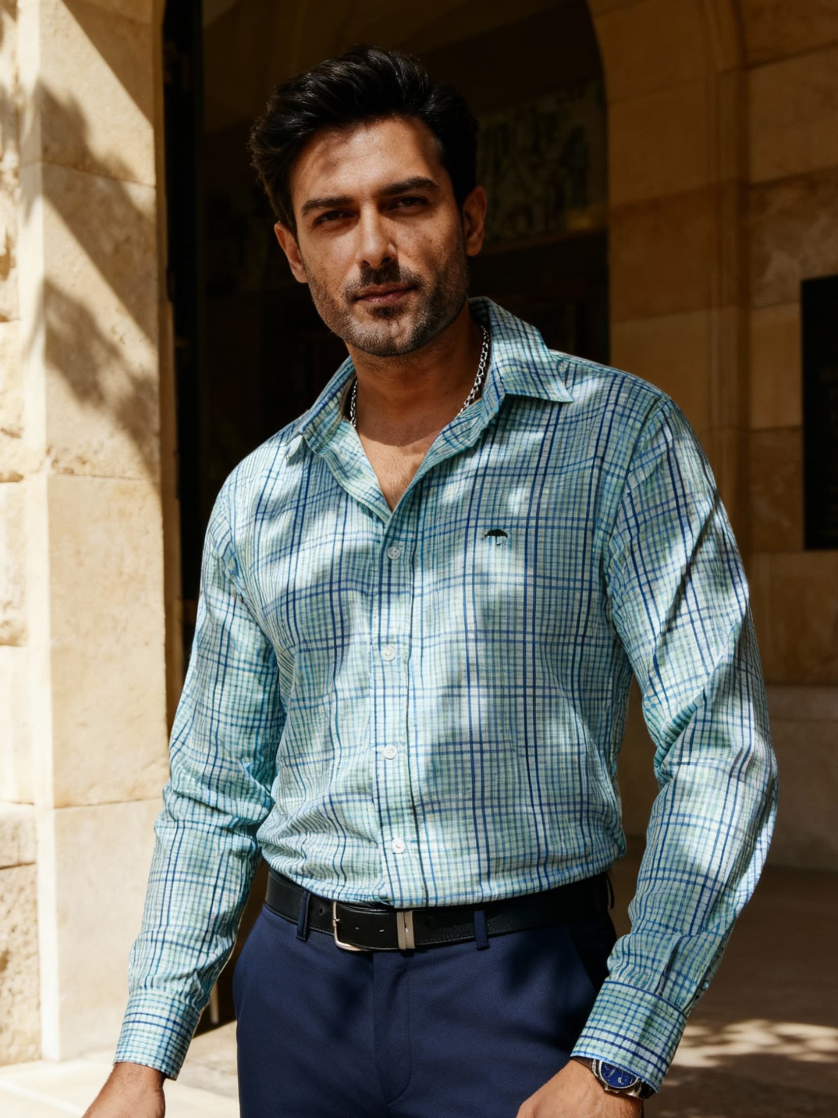 Camisa Hombre Casual Blanca Cuadros Verde y Azul