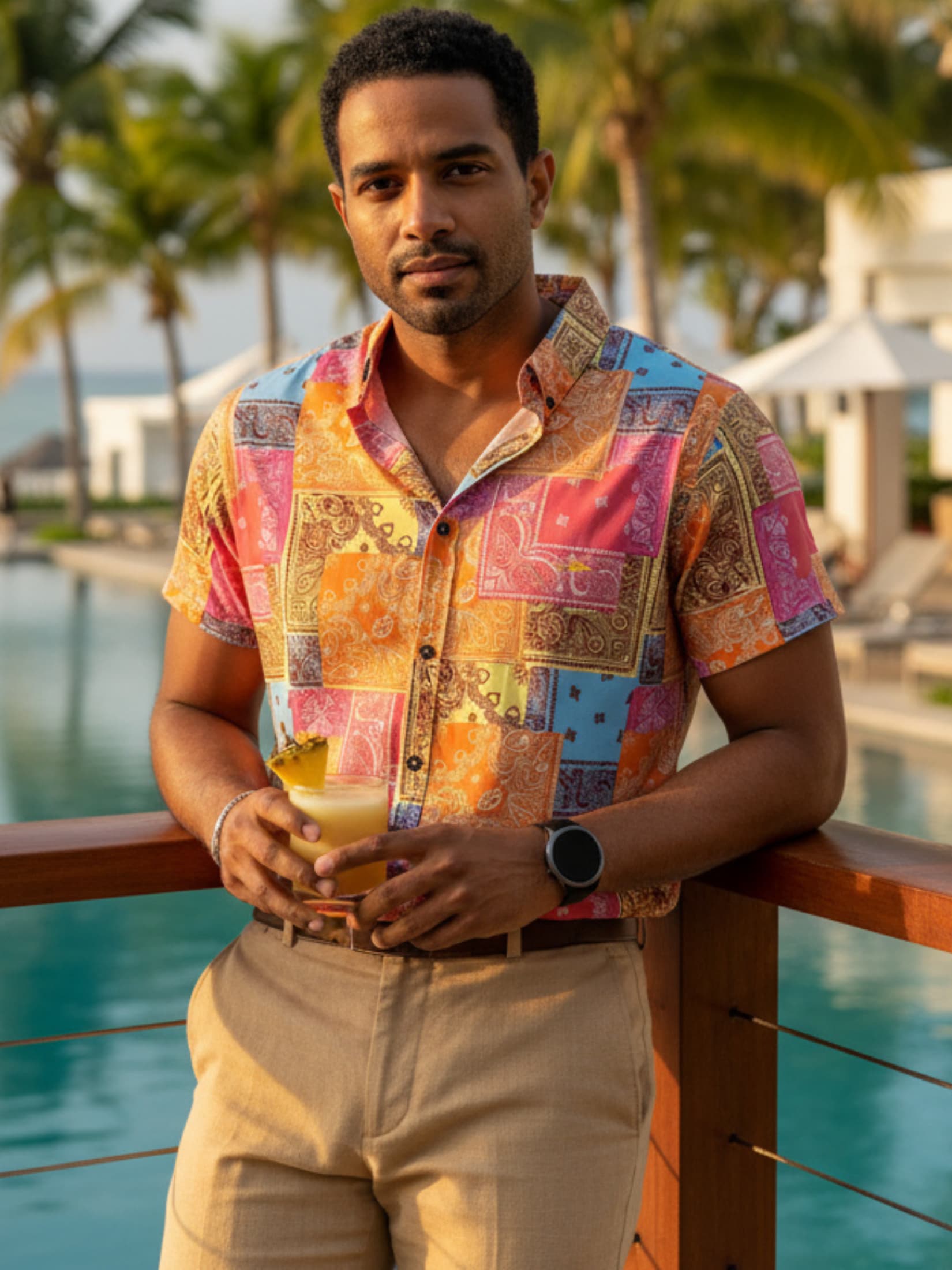 Men's Casual Short-Sleeved Shirt with Orange and Pink Plaid and Floral Bandana