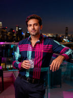 Camisa Casual Hombre, Azul Marino Líneas Rosa Y Azul Turquesa